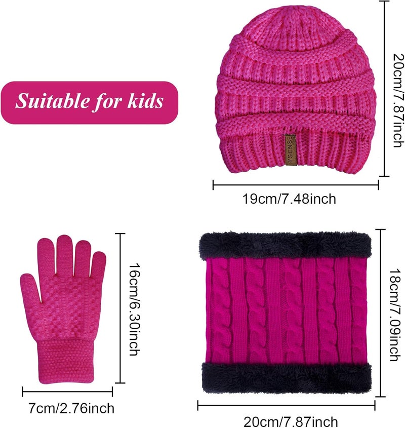 YSense 3 Pcs Kids Winter Beanie Hat Scarf Gloves Set Thick Knit Warm Fleece Fuzzy Lined Beanie Caps Mittens for Boys Girls - Image 2