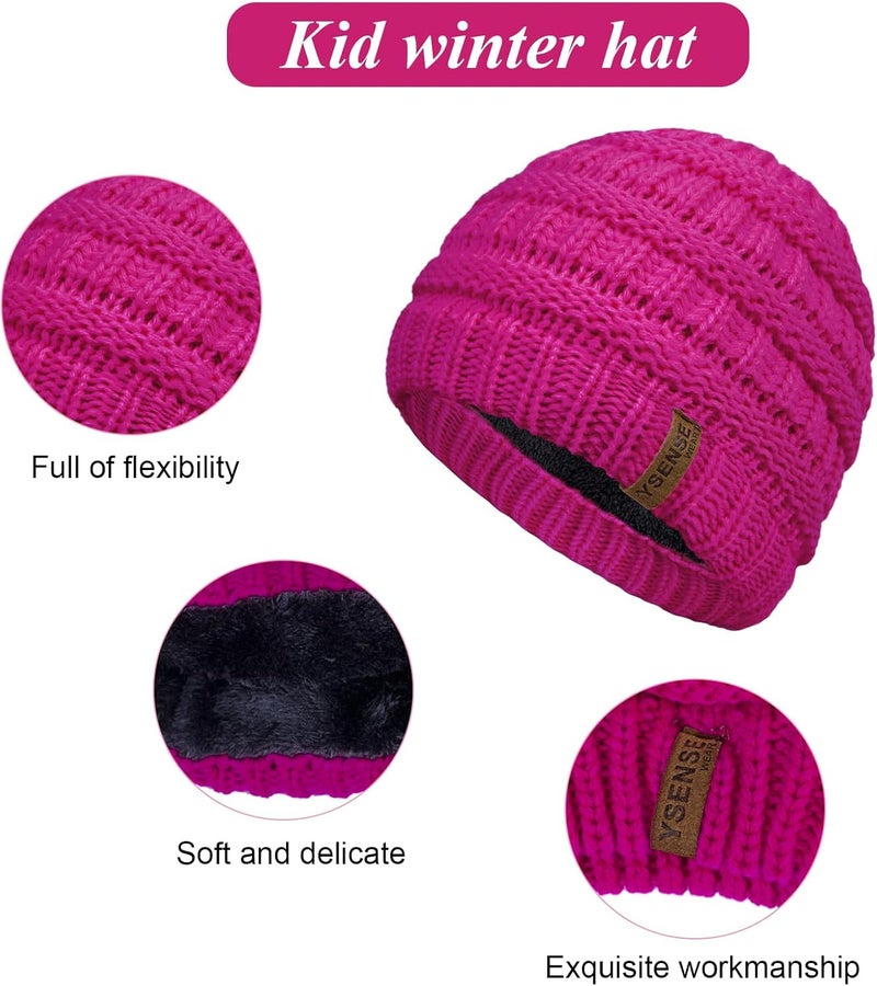 YSense 3 Pcs Kids Winter Beanie Hat Scarf Gloves Set Thick Knit Warm Fleece Fuzzy Lined Beanie Caps Mittens for Boys Girls - Image 3