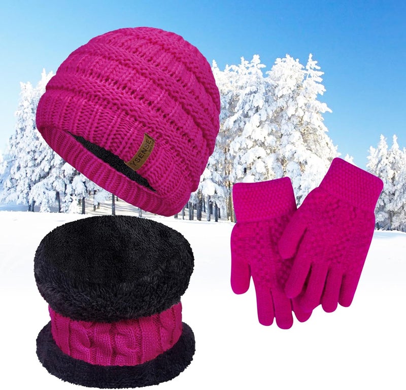 YSense 3 Pcs Kids Winter Beanie Hat Scarf Gloves Set Thick Knit Warm Fleece Fuzzy Lined Beanie Caps Mittens for Boys Girls - Image 4