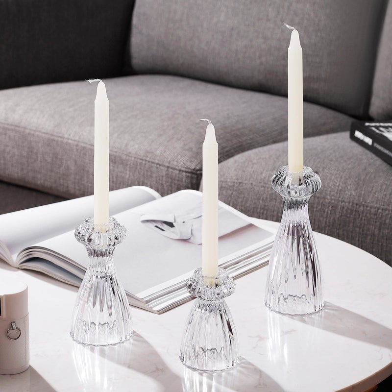 Lysenn Glass Candle Stick Holder Set of 3 â€“ Premium Taper Candle Holders for Romantic Ambiance - Candle Sticks Holder Decor for Special Occasions - Clear - Image 1