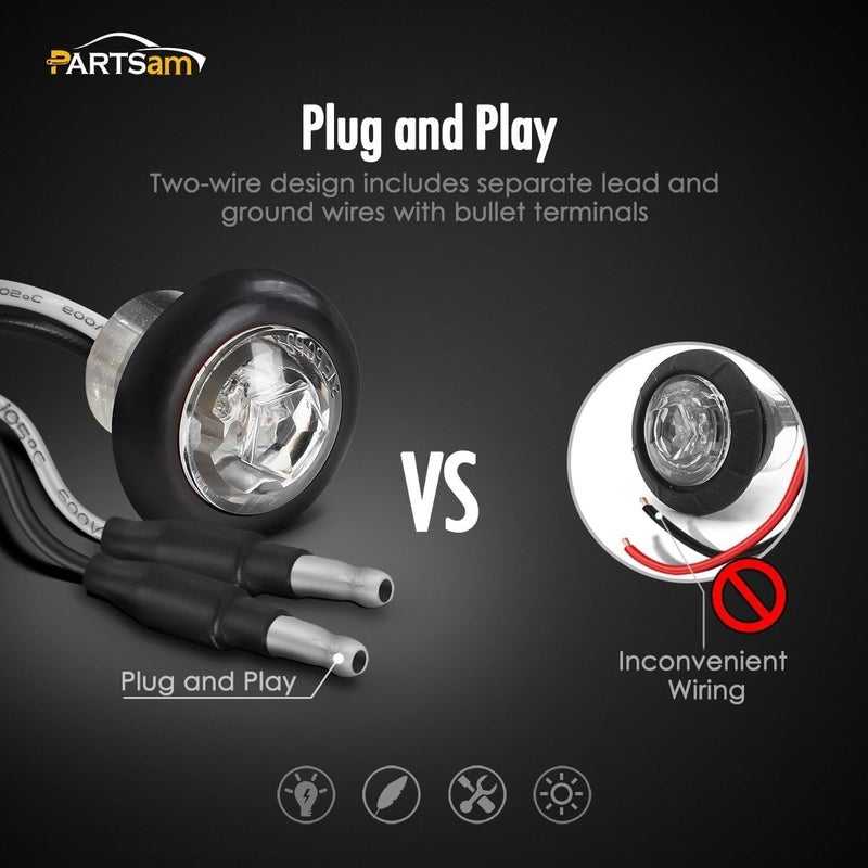 Partsam 10x 3/4" Mini Round Red Led Side Marker Lights Grommet Mount w Plug Connectors Waterproof Sealed Boat Trailer Truck RV Bus Van Bullet Side Led Marker Lights Lamps Clear Lens 12V - Image 3