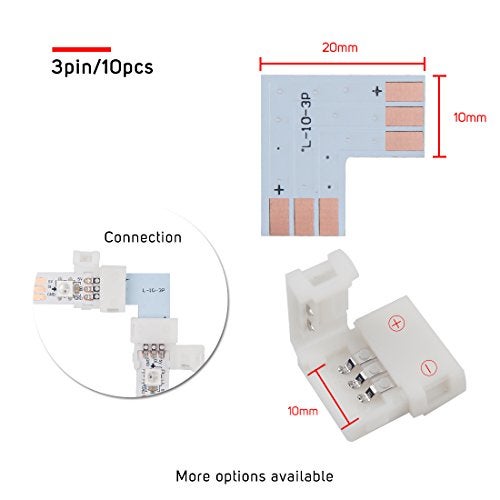 BTF-LIGHTING 10 Sets 3PIN 10mm 0.39in Width Right Angle L Shape Solderless Corner Connector for WS2811 WS2812B SK6812 LED Strip No Soldering Can't Support 144LEDs/m or ALTOVE LED Lights - Image 2