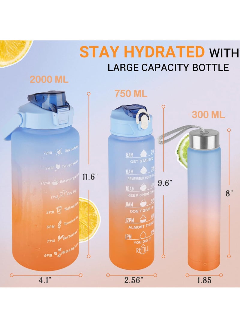 Generic Motivational Sports Water Bottle Set with Time Capacity Marker,3 Pack 2000ml+750ml+300ml BPA Free,for Office,Gym,Outdoor Sports,Kids School Fitness  - Image 2