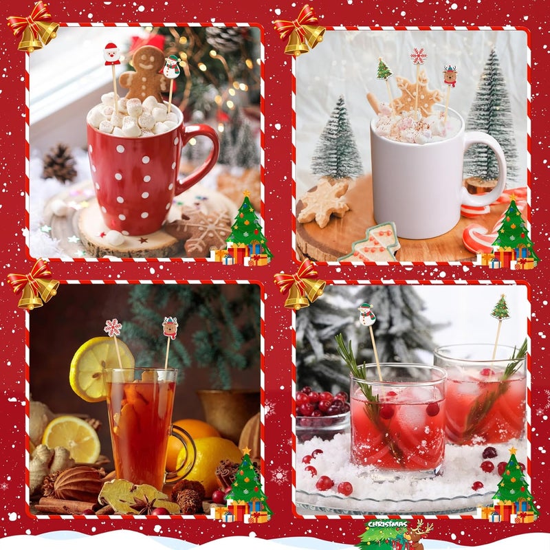 KIGEAPUEL 100 pcs Christmas Cocktail Picks, Vintage Themed Xmas Decoration Toothpicks Fancy Bamboo Appetizer Fruit Skewers for Christmas Party Food Fruit Drinks Decoration(Colors A） - Image 5