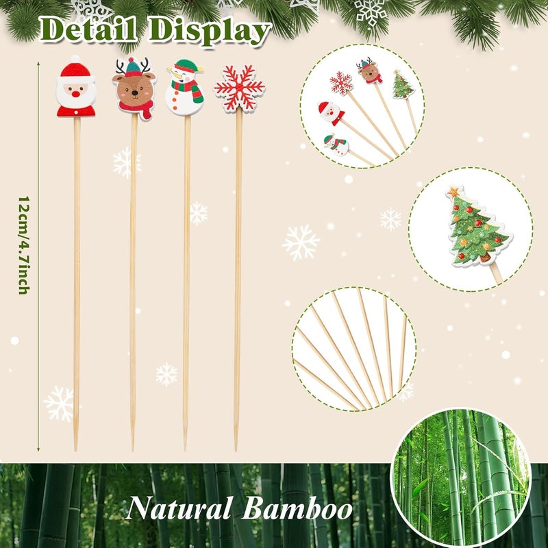 KIGEAPUEL 100 pcs Christmas Cocktail Picks, Vintage Themed Xmas Decoration Toothpicks Fancy Bamboo Appetizer Fruit Skewers for Christmas Party Food Fruit Drinks Decoration(Colors A） - Image 2