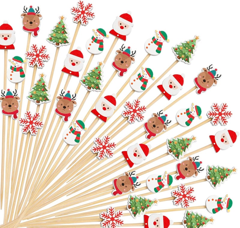KIGEAPUEL 100 pcs Christmas Cocktail Picks, Vintage Themed Xmas Decoration Toothpicks Fancy Bamboo Appetizer Fruit Skewers for Christmas Party Food Fruit Drinks Decoration(Colors A） - Image 1
