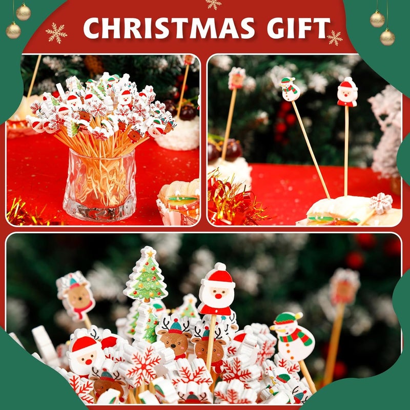 KIGEAPUEL 100 pcs Christmas Cocktail Picks, Vintage Themed Xmas Decoration Toothpicks Fancy Bamboo Appetizer Fruit Skewers for Christmas Party Food Fruit Drinks Decoration(Colors A） - Image 3