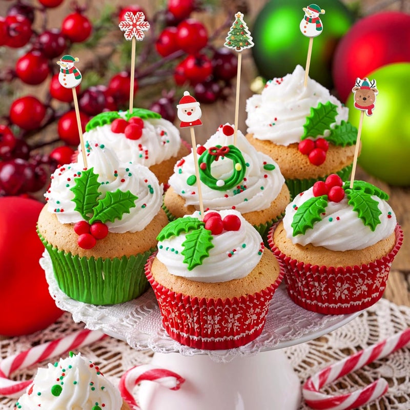 KIGEAPUEL 100 pcs Christmas Cocktail Picks, Vintage Themed Xmas Decoration Toothpicks Fancy Bamboo Appetizer Fruit Skewers for Christmas Party Food Fruit Drinks Decoration(Colors A） - Image 4