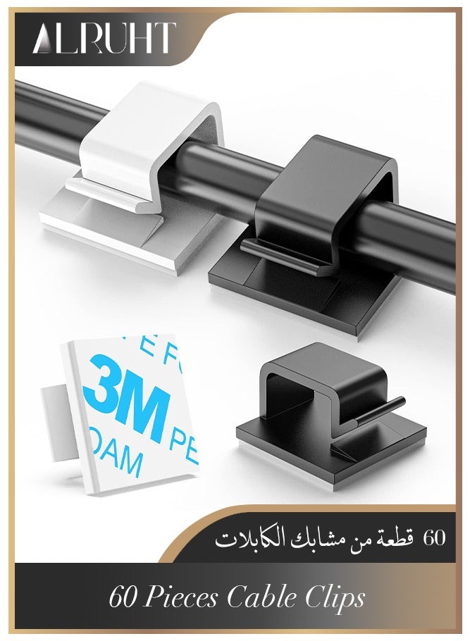 60-Piece Adhesive Cable Clips, Plastic Cable Cord Organizers Cable Storage Management Clip for Home Office - Black, White