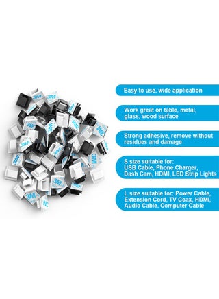 60-Piece Adhesive Cable Clips, Plastic Cable Cord Organizers Cable Storage Management Clip for Home Office - Black, White - view 2