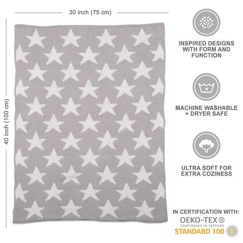 Living Textiles Grey Stars Chenille Soft Baby Blanket Reversible Premium Cozy Fabric for Best Comfort - for Infant,Toddler,Newborn,Nursery,Boy,Girl,Unisex,Throw,Crib,Stroller,Gift, Grey Stars 40x30 - Image 2
