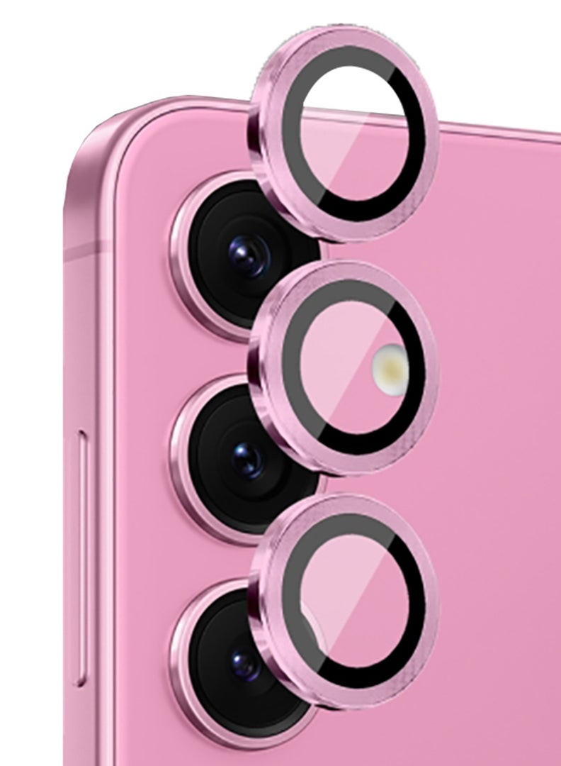 Theodor Samsung  Galaxy S25 3 Pcs Camera Lens Protector With 9H Tempered HD Glass Camera Cover Anti Scratch Aluminum Alloy Camera Ring, Pink - Image 1