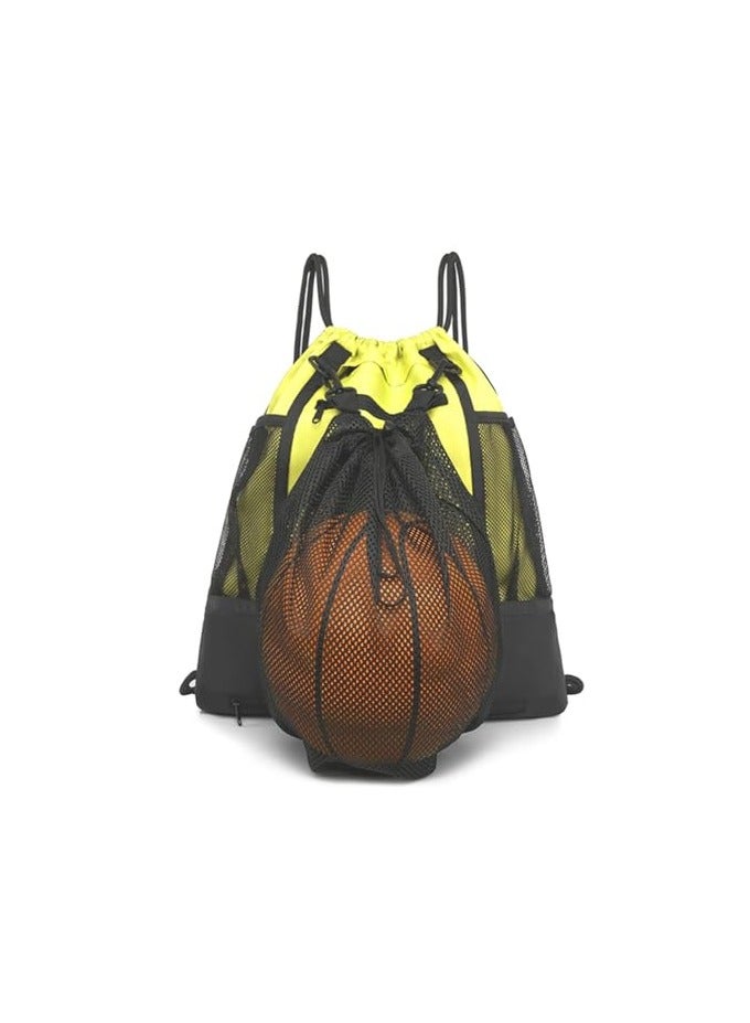 BIGTHREE Drawstring Backpack for Soccer, Unisex Drawstring Gym Backpack, Waterproof Foldable Gym Bag Sports Backpack with Detachable Ball Mesh Bag for Volleyball Basketball Football Baseball