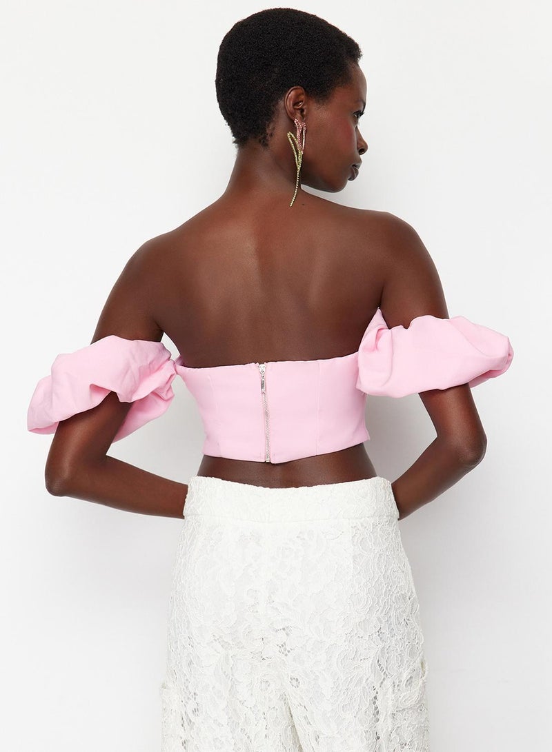 trendyol TPRSS24BS00020 Model Pink Crop Woven Bustier - Image 4