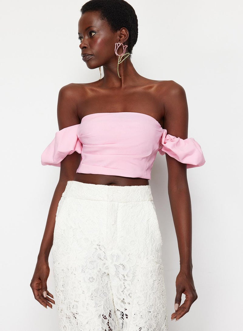 trendyol TPRSS24BS00020 Model Pink Crop Woven Bustier - Image 2