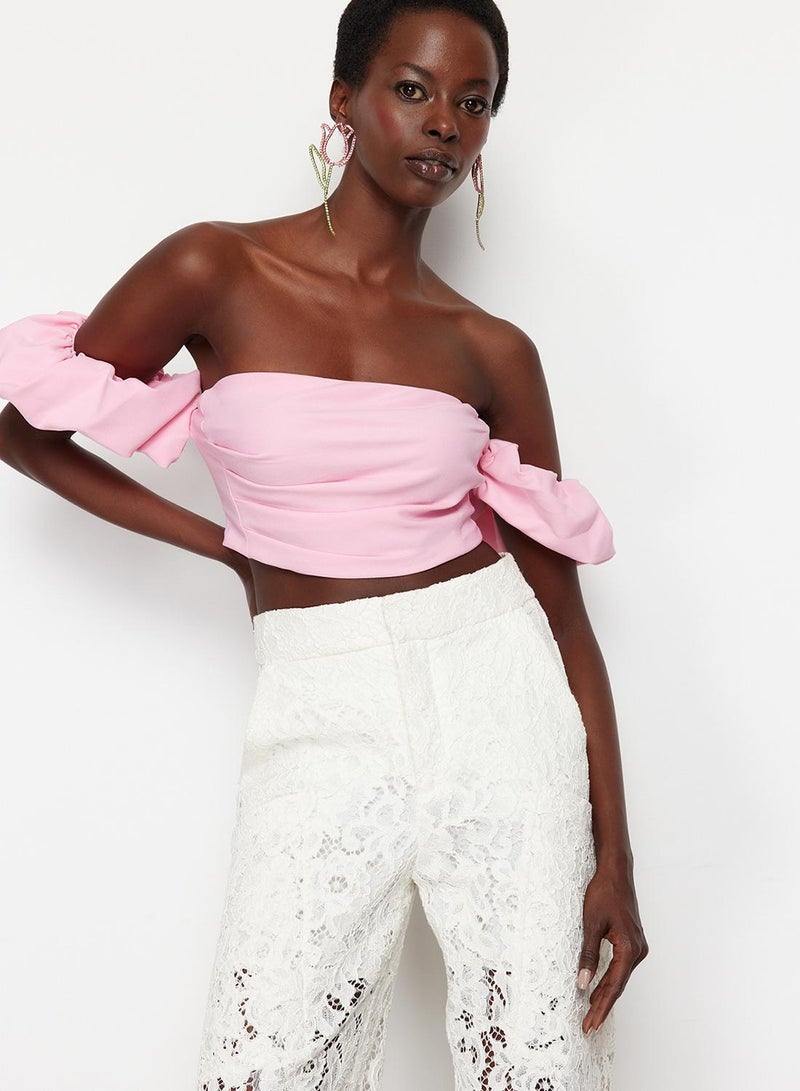 trendyol TPRSS24BS00020 Model Pink Crop Woven Bustier - Image 1