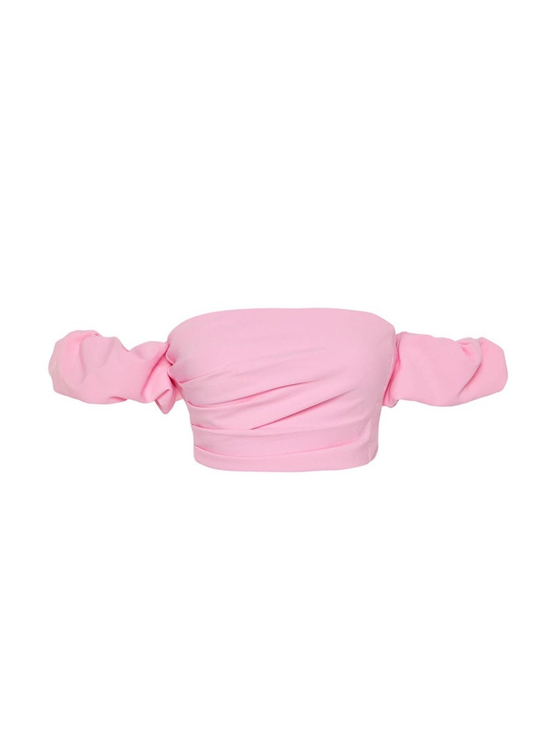 trendyol TPRSS24BS00020 Model Pink Crop Woven Bustier - Image 5