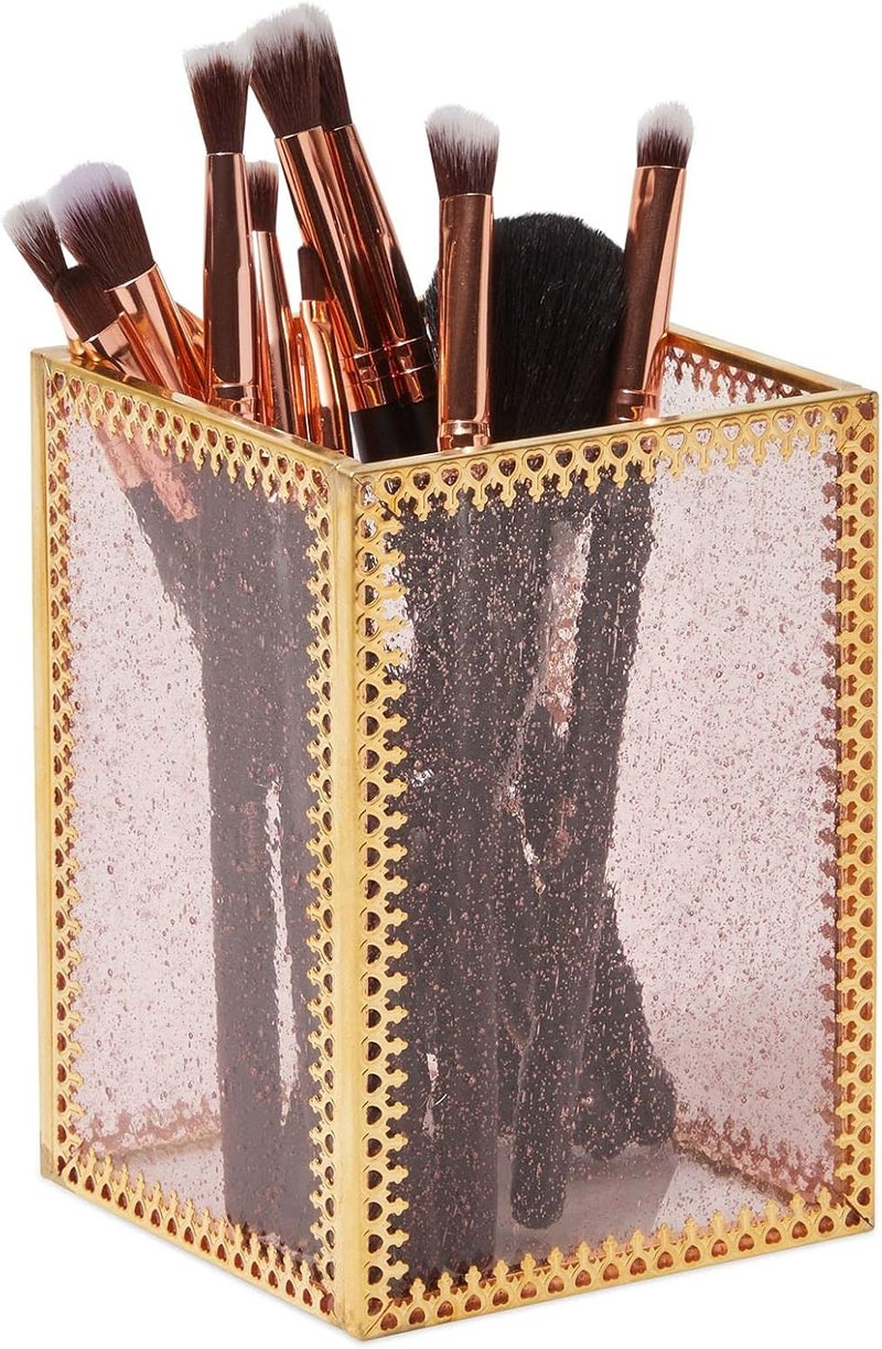 Glamlily Gold Makeup Brush Holder for Vanity, Vintage Brass Frame and Pink Glass Storage Organizer
