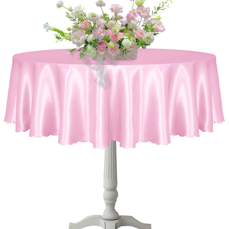 KKJIAF 1 Pack 60 Inch / 5ft Round Table Cloth, Light Pink Overlay Round Satin Table Cover, Silky Satin Dining Tablecloths for Wedding Buffet Parties Banquet Decoration - Image 1