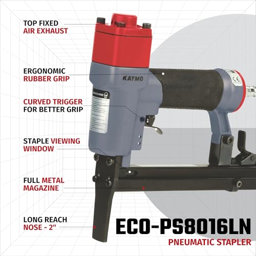 Kaymo ECO-PS8016LN Pneumatic Stapler | 80 Series | 1000g Heavy-Duty | 50–90 PSI | 2-Inch Long Nose | Fixed Top Exhaust | Curved Metal Trigger | Metal Magazine | Upholstery | Wooden Flooring Use - Image 2