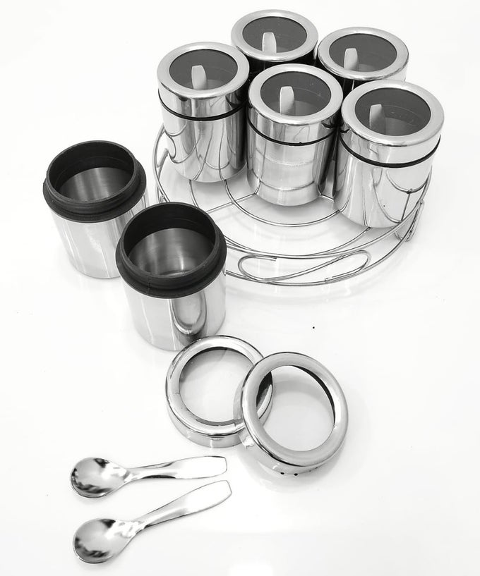STEEL MASALA BOX FOR KITCHEN MASALA BOX SPICE BOX STORAGE CONTAINER STEEL CONTAINER WITH SMALL SPOONS MASALA DABBA CANISTER 200 ML EACH CONTAINER SET OF 7 SILVER