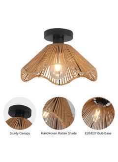 Ganeed Boho Rattan Ceiling Light, 30.5cm Vintage Rattan Ceiling Lamp Fixture with Handwoven Shade, E27 60W Chandelier for Dining Room, Bedroom, Hallway  - Image 5