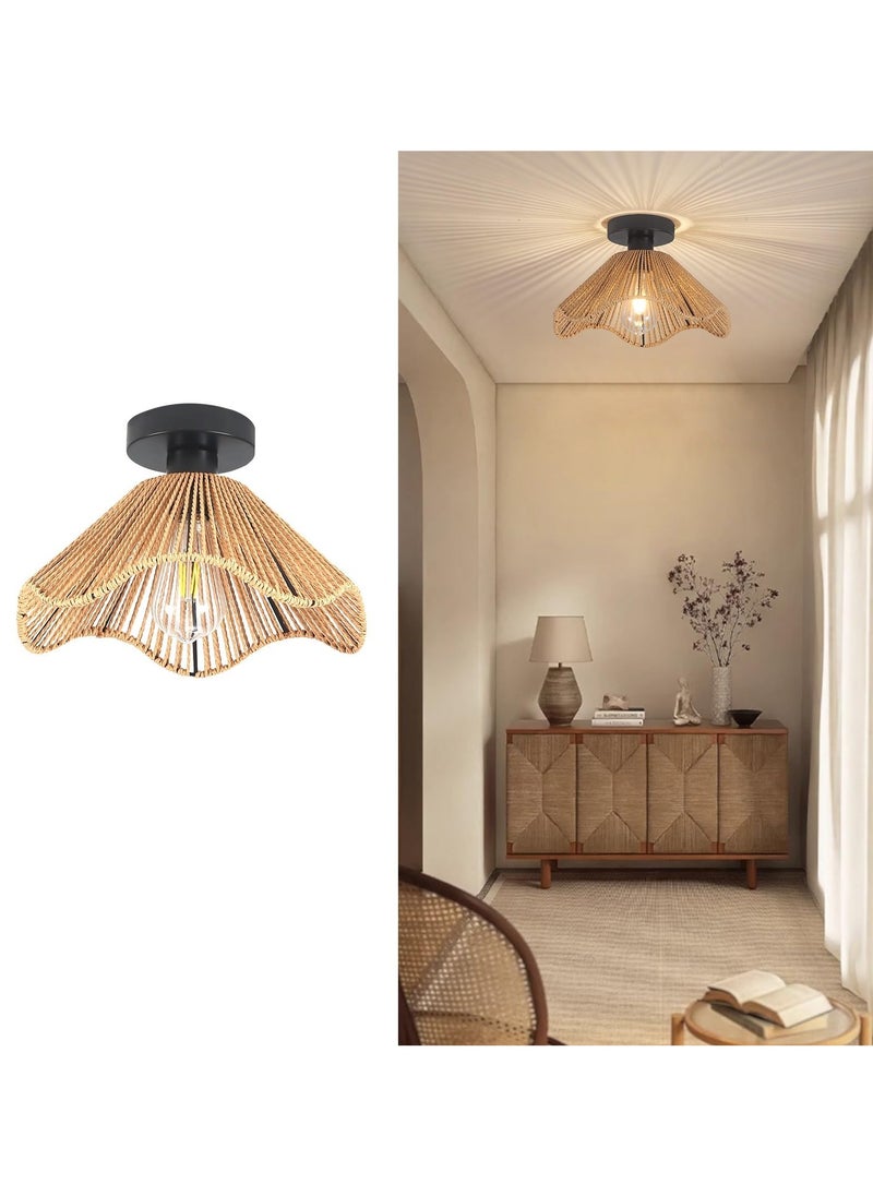 Ganeed Boho Rattan Ceiling Light, 30.5cm Vintage Rattan Ceiling Lamp Fixture with Handwoven Shade, E27 60W Chandelier for Dining Room, Bedroom, Hallway  - Image 2