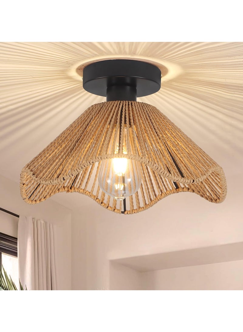 Ganeed Boho Rattan Ceiling Light, 30.5cm Vintage Rattan Ceiling Lamp Fixture with Handwoven Shade, E27 60W Chandelier for Dining Room, Bedroom, Hallway  - Image 1