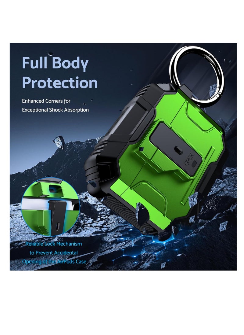 ماركة غير محددة - حافظة غطاء سماعة الأذن لأجهزة Airpods الجيل الرابع، حافظة صلبة لحماية الجسم بالكامل من الصدمات من الدرجة العسكرية، تدعم الشحن اللاسلكي مع سلسلة مفاتيح، غطاء مغناطيسي، مصباح LED أمامي مرئي، أسود/أخضر - Image 1