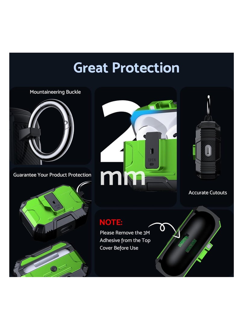 ماركة غير محددة - حافظة غطاء سماعة الأذن لأجهزة Airpods الجيل الرابع، حافظة صلبة لحماية الجسم بالكامل من الصدمات من الدرجة العسكرية، تدعم الشحن اللاسلكي مع سلسلة مفاتيح، غطاء مغناطيسي، مصباح LED أمامي مرئي، أسود/أخضر - Image 1