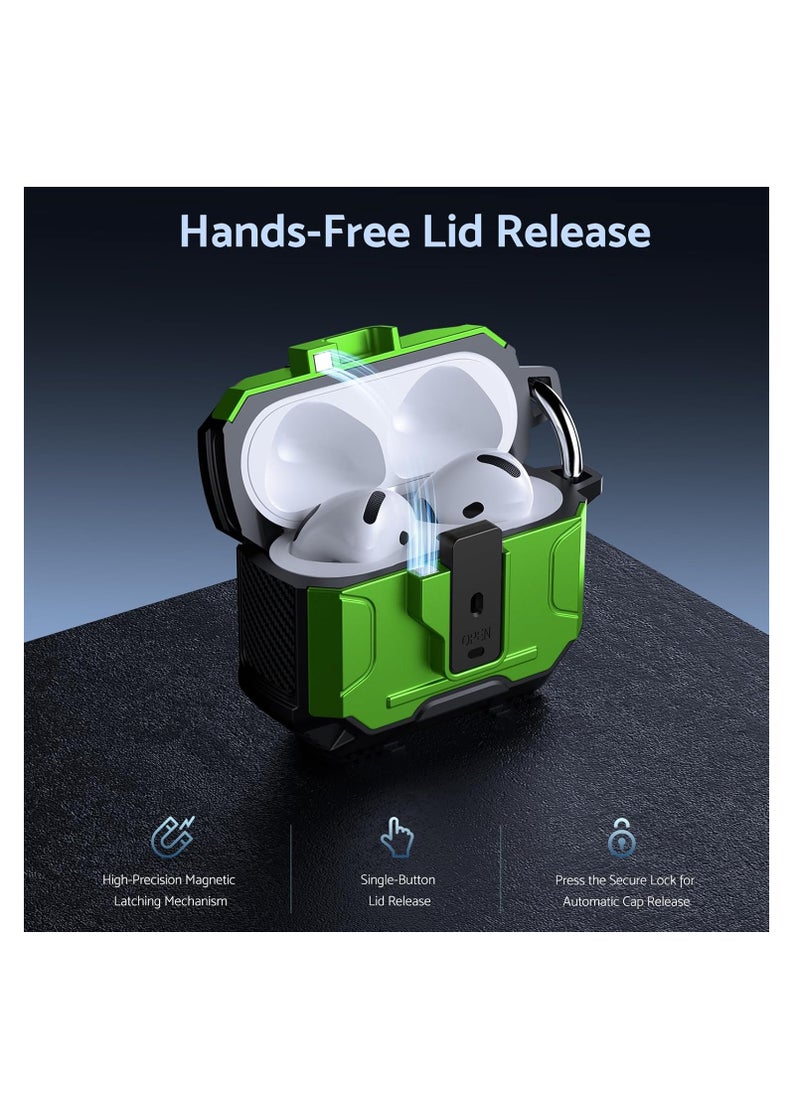 ماركة غير محددة - حافظة غطاء سماعة الأذن لأجهزة Airpods الجيل الرابع، حافظة صلبة لحماية الجسم بالكامل من الصدمات من الدرجة العسكرية، تدعم الشحن اللاسلكي مع سلسلة مفاتيح، غطاء مغناطيسي، مصباح LED أمامي مرئي، أسود/أخضر - Image 1