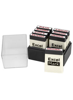 ExcelMark Mini Office Message Rubber Stamp Set - Red Ink - Storage Tray Included  - Image 1