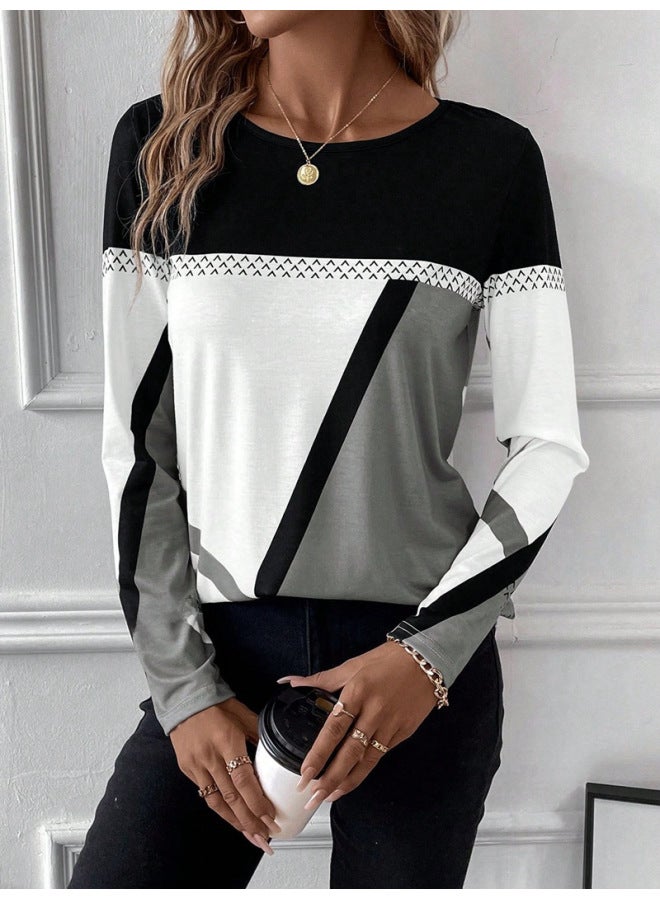 Round Neck Geometric Print Top – Contrast Stitching