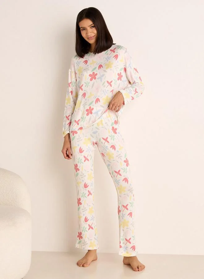 Splash FAV Floral Print Long Sleeve T-shirt and Elasticated Pyjama Set