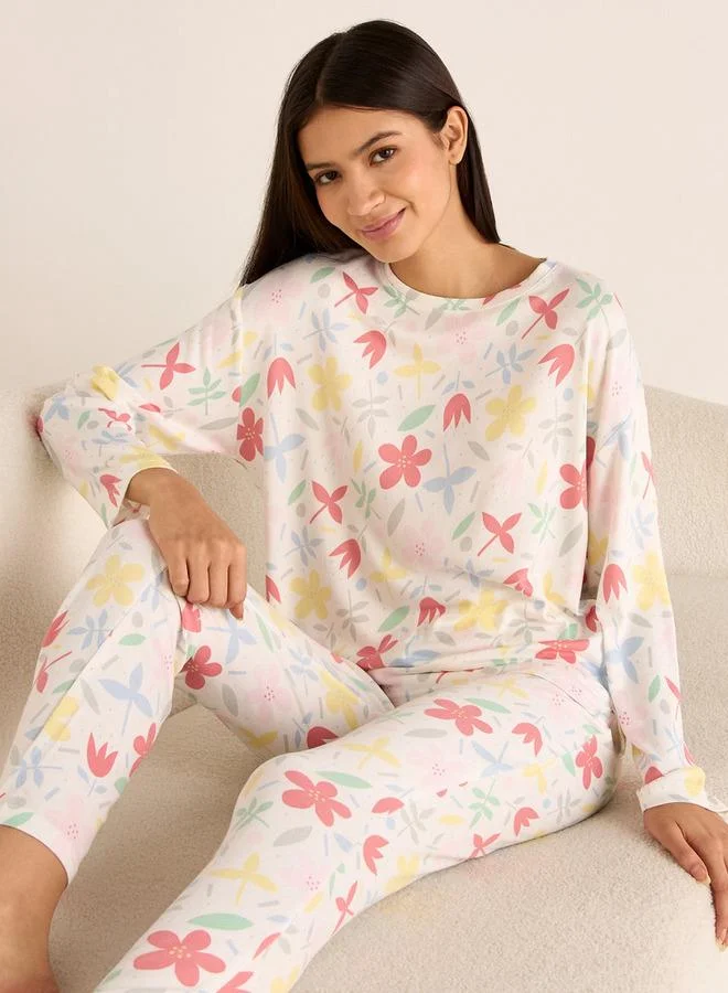 Splash FAV Floral Print Long Sleeve T-shirt and Elasticated Pyjama Set