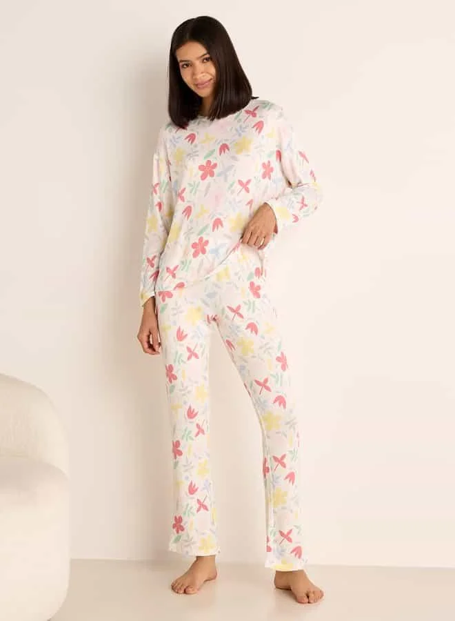 Splash FAV Floral Print Long Sleeve T-shirt and Elasticated Pyjama Set