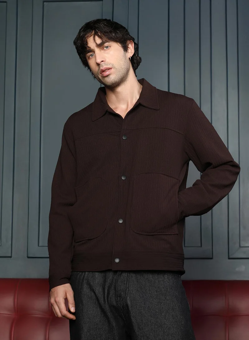 Campus Sutra Men Crease-Tactile Panelled Jacket | Point Collar, Long Button-Cuff Sleeves | Snap Button , Band-Straight Hem | Solid Textured | Woven Fabric For Casual & Daily Wear | Taupe Brown