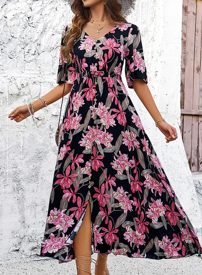 Take Two Take Two  Floral Print Button Detail Midi Dress