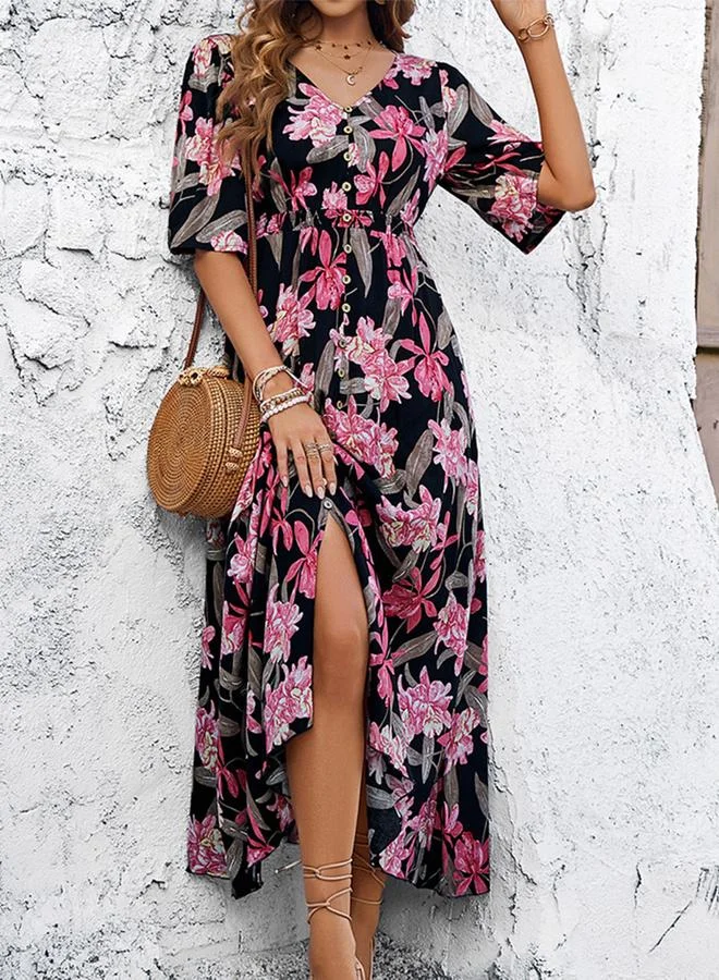 Take Two Take Two  Floral Print Button Detail Midi Dress