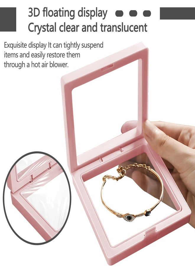 BangBoom 12 Pieces 2.7" x 2.7" 3D Floating Frame Display Case, Clear PE Film Jewelry Box with 12 Round Bases, Reusable Coin Display Stand for Collectibles Seashell Rock Collection (Pink) - Image 4
