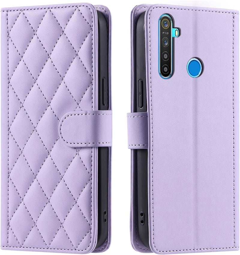 حافظة محفظة لهواتف Oppo Realme 5/Realme 5S/Realme 5i/Realme 6i/Realme narzo 10A/Realme 20A/Realme 10 مع حامل بطاقات ائتمان، حزام معصم وكتف مغناطيسي من الجلد PU الناعم (أرجواني) - Image 1