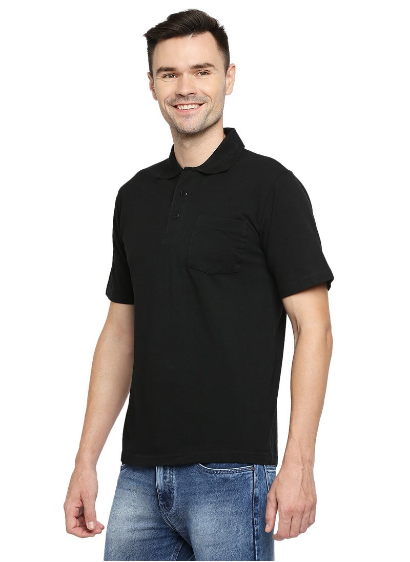 BYC MEN'S COTTON POLO T-SHIRT WITH POCKET - BLACK  - Image 3