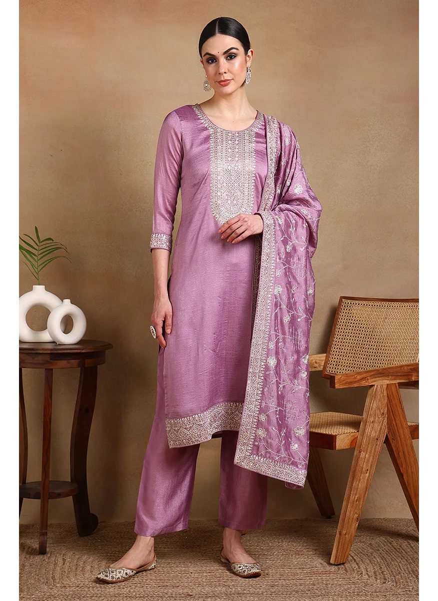 ZERESOUQ Lavender Silk Blend Machine Woven Straight Suit Set