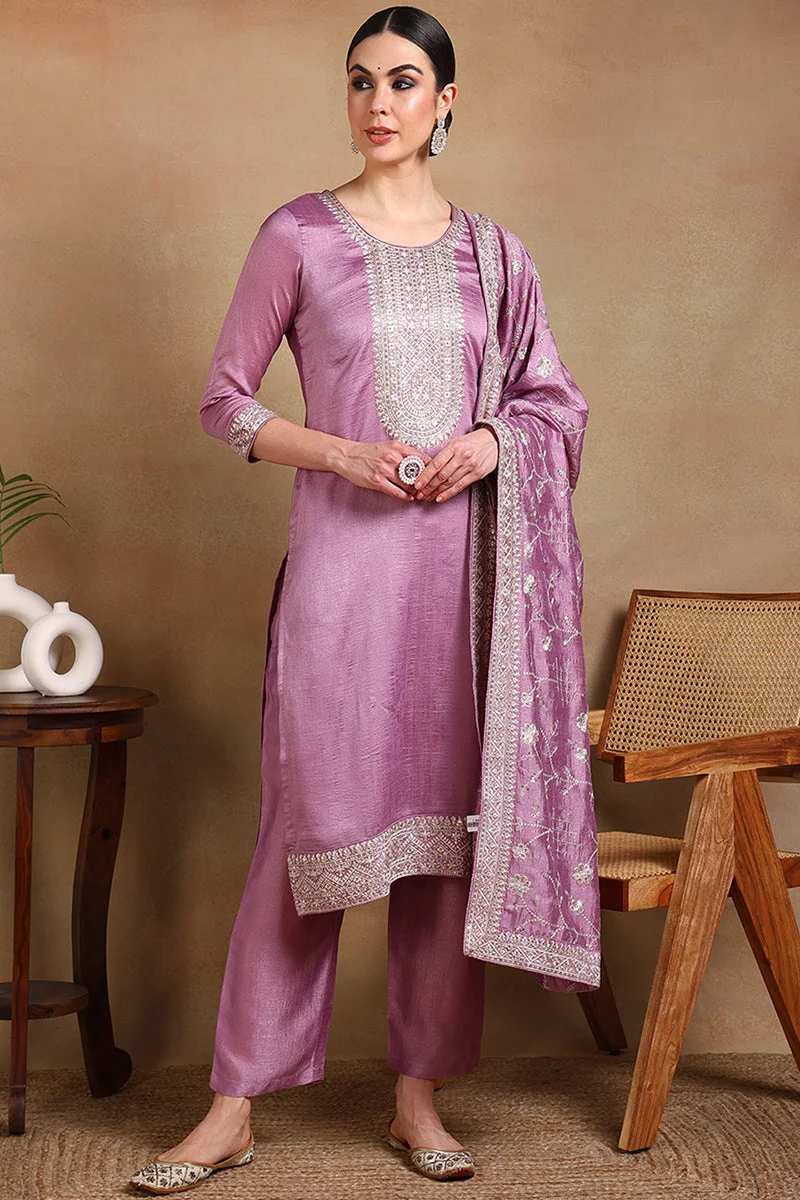 ZERESOUQ Lavender Silk Blend Machine Woven Straight Suit Set