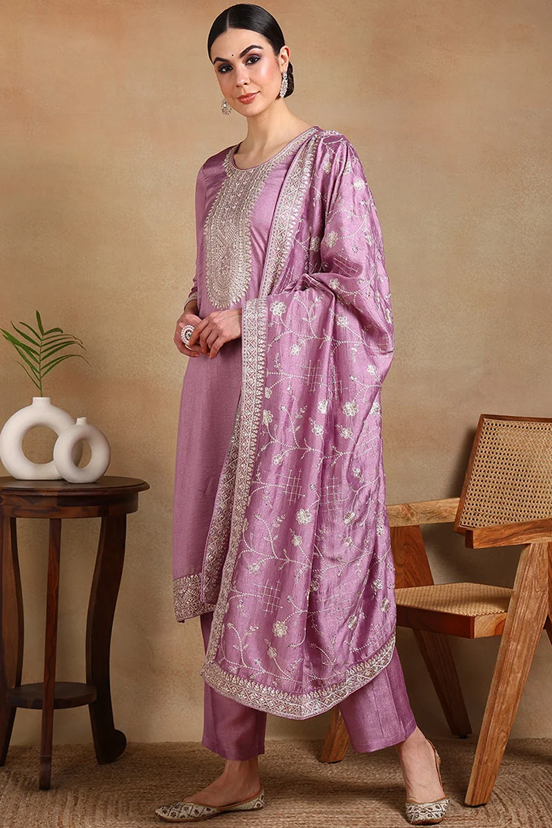 ZERESOUQ Lavender Silk Blend Machine Woven Straight Suit Set