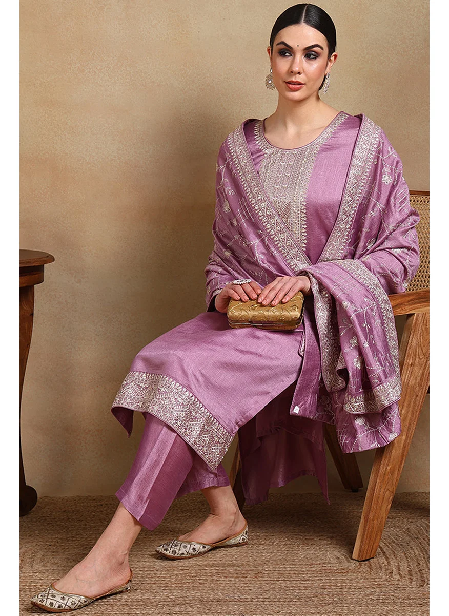 ZERESOUQ Lavender Silk Blend Machine Woven Straight Suit Set