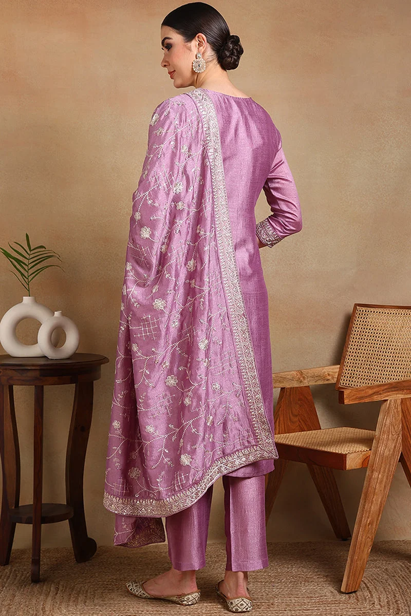 ZERESOUQ Lavender Silk Blend Machine Woven Straight Suit Set