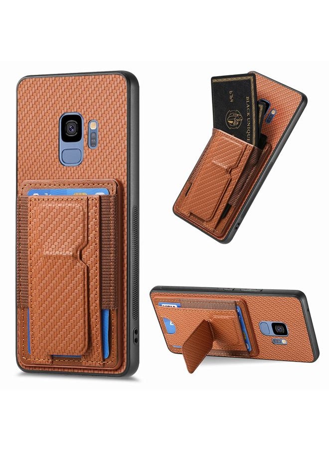 HuHa - Case Cover For Samsung Galaxy S9 Carbon Fiber Fold Stand Elastic Card Bag Phone Case Brown - Image 1