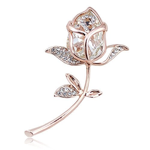 Grtdrm Created Rhinestone Crystal Brooch, Classy Rose Flower Fashion Pin Gift for Women Girls (Rose Gold-White) - Image 1