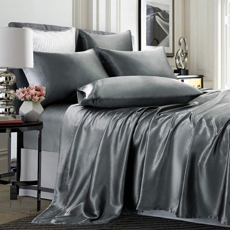 TREELY 6 Piece Satin Sheets King Size Set  Silky Smooth Grey With Deep Pocket Fitted Sheet Flat Sheet 4 Pillowcases